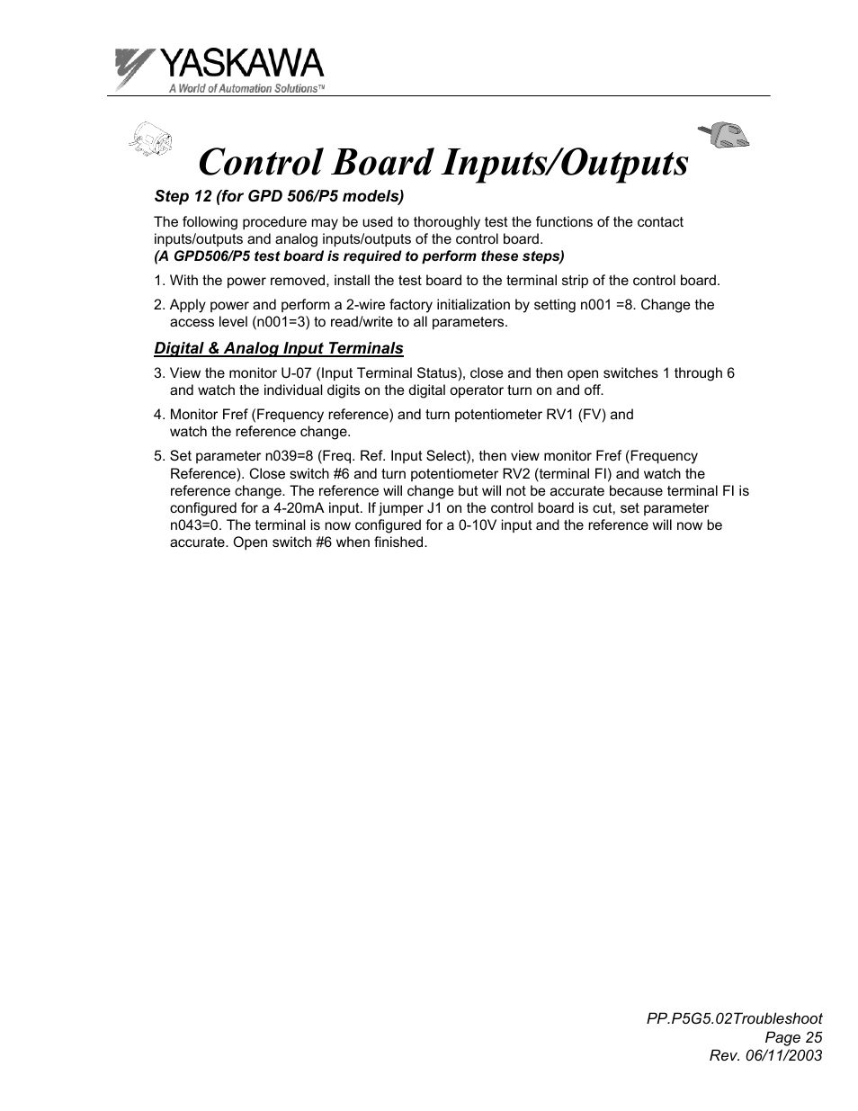 Control board inputs/outputs | Yaskawa GPD 506/P5 Section Two User Manual | Page 25 / 29
