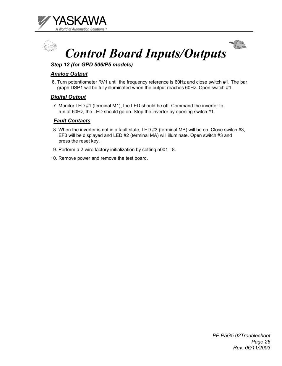 Control board inputs/outputs | Yaskawa GPD 506/P5 Section Two User Manual | Page 26 / 29