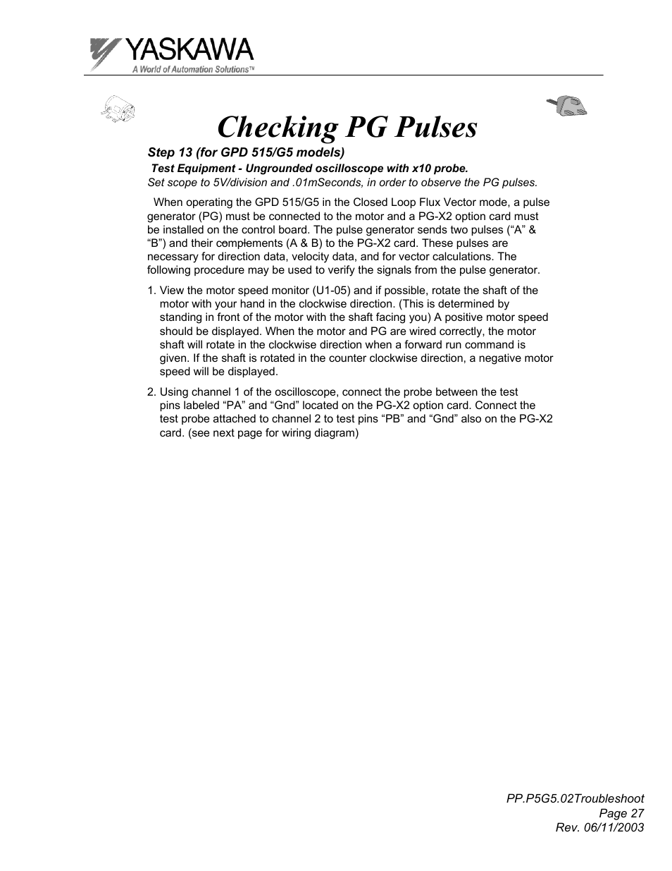 Checking pg pulses | Yaskawa GPD 506/P5 Section Two User Manual | Page 27 / 29