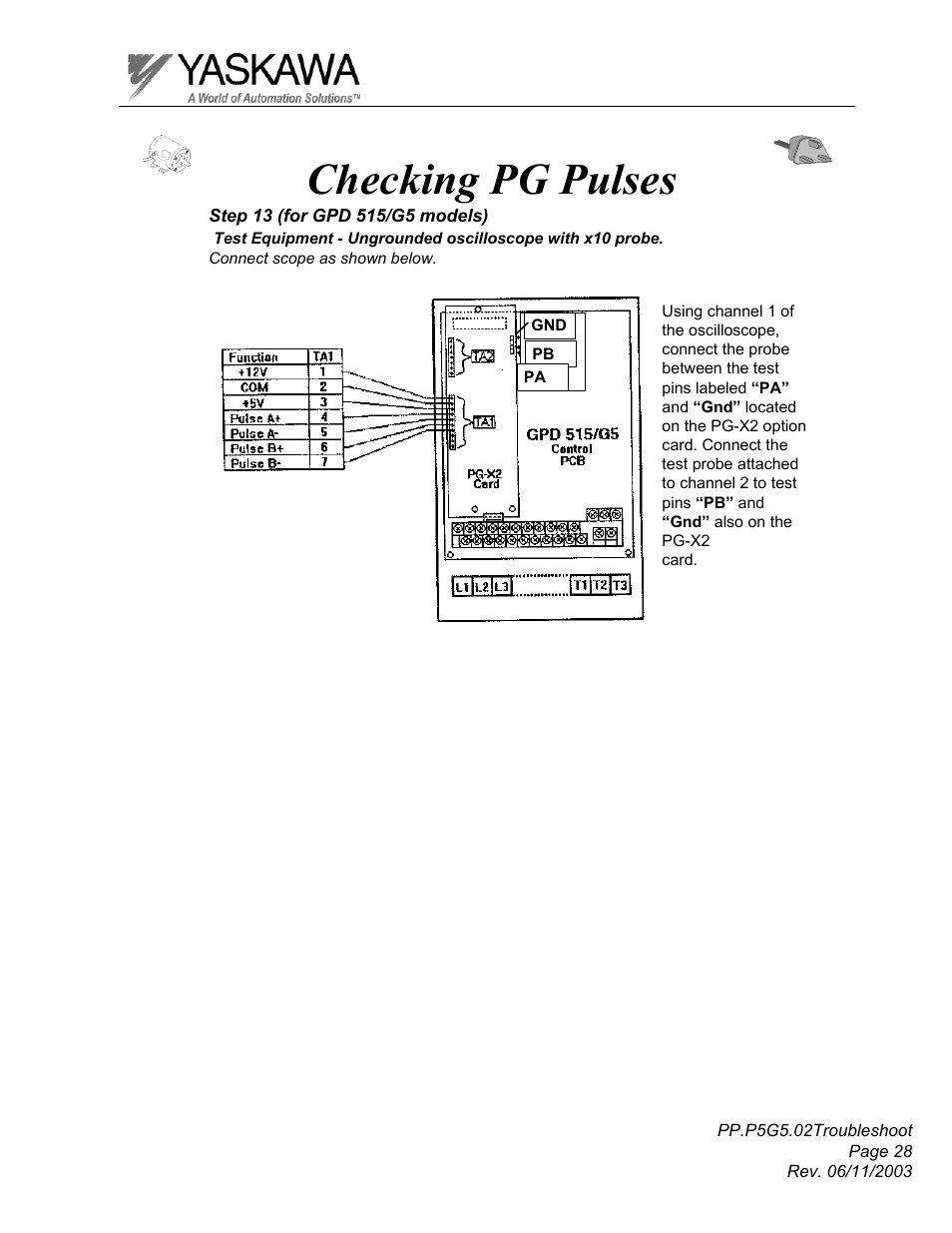 Checking pg pulses | Yaskawa GPD 506/P5 Section Two User Manual | Page 28 / 29