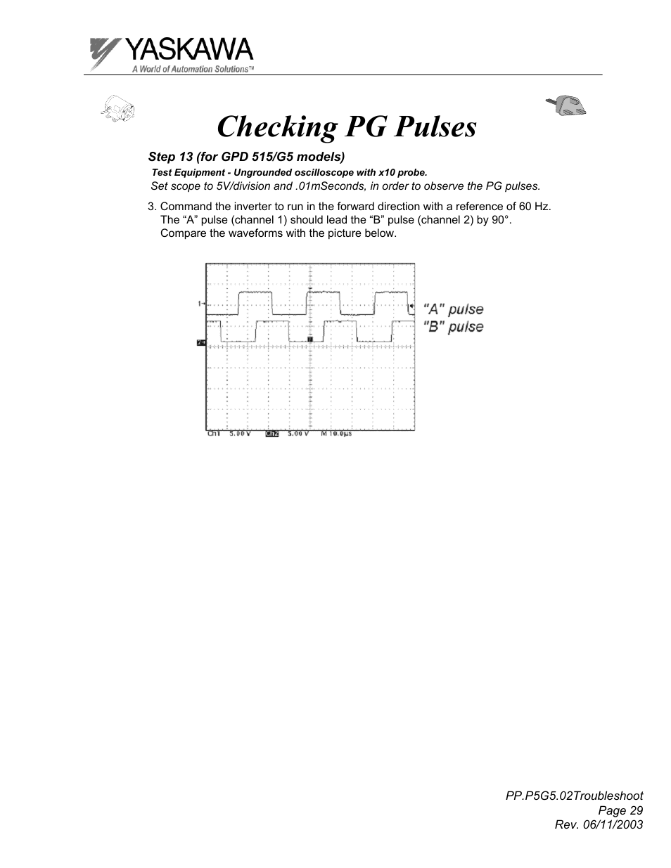 Checking pg pulses | Yaskawa GPD 506/P5 Section Two User Manual | Page 29 / 29