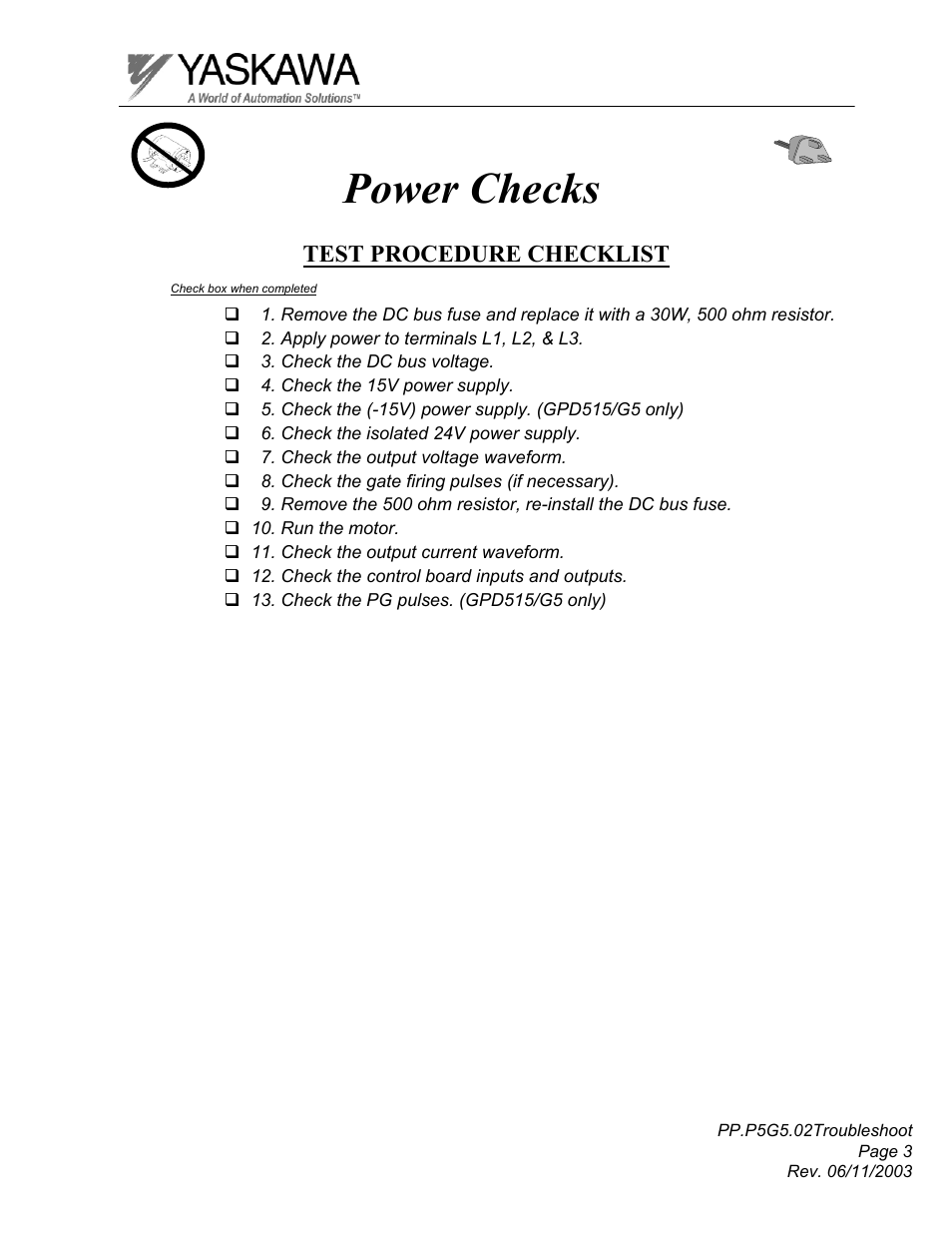 Power checks, Test procedure checklist | Yaskawa GPD 506/P5 Section Two User Manual | Page 3 / 29