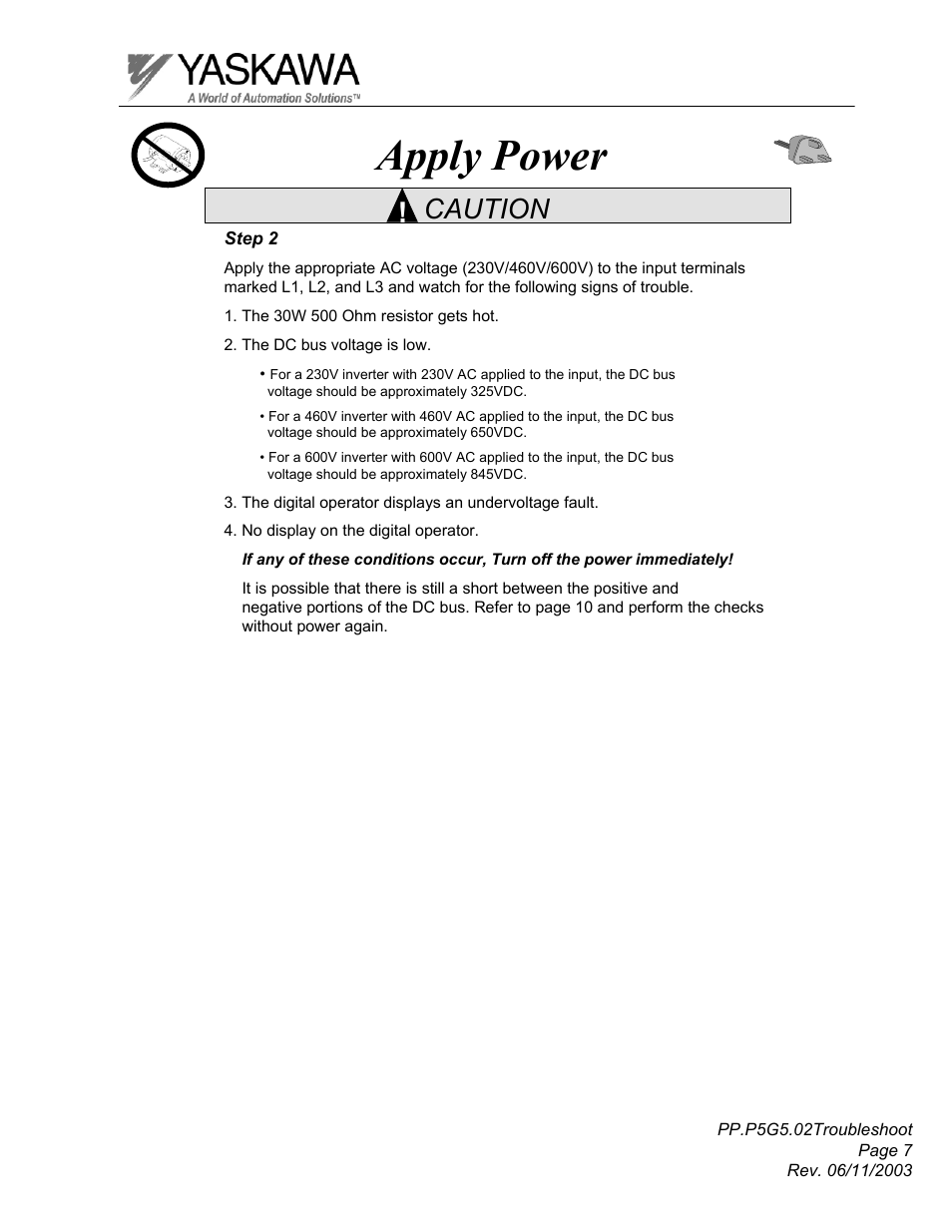Apply power, Caution | Yaskawa GPD 506/P5 Section Two User Manual | Page 7 / 29