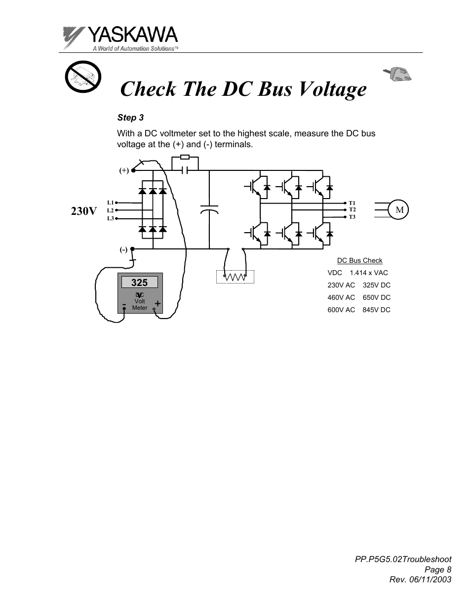 Check the dc bus voltage, 230v, 325 v | Yaskawa GPD 506/P5 Section Two User Manual | Page 8 / 29