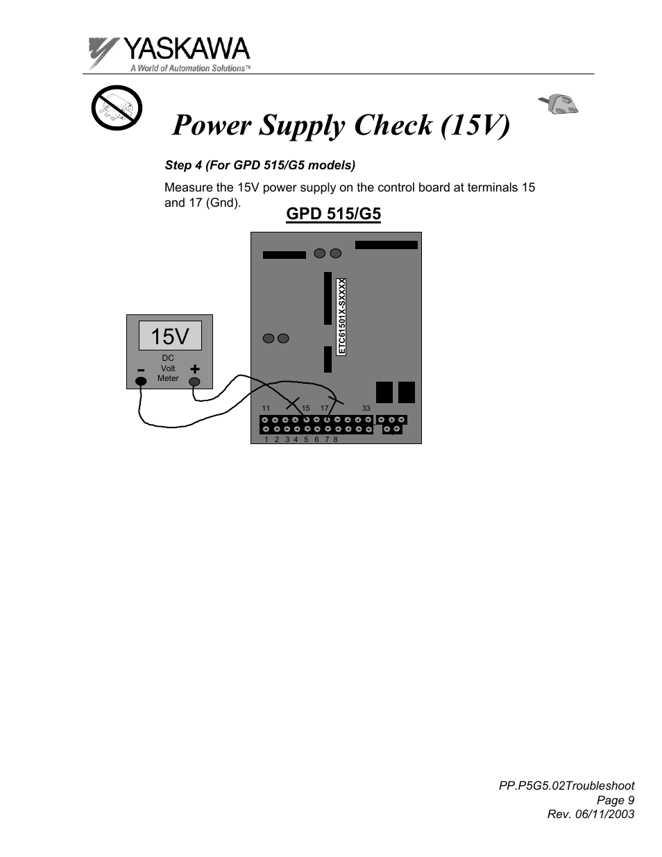 Power supply check (15v), Gpd 515/g5 | Yaskawa GPD 506/P5 Section Two User Manual | Page 9 / 29