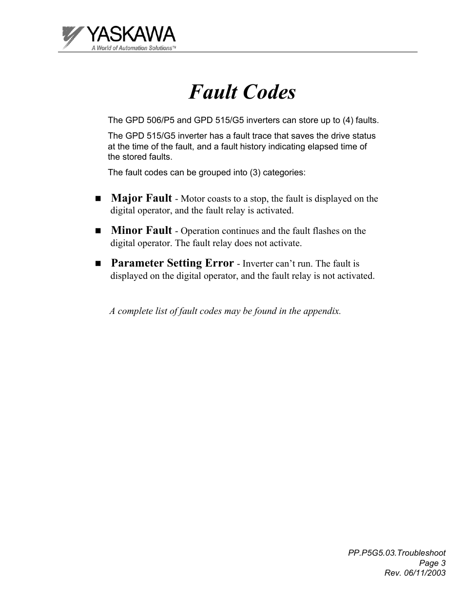 Fault codes | Yaskawa GPD 506/P5 Section Three User Manual | Page 3 / 67