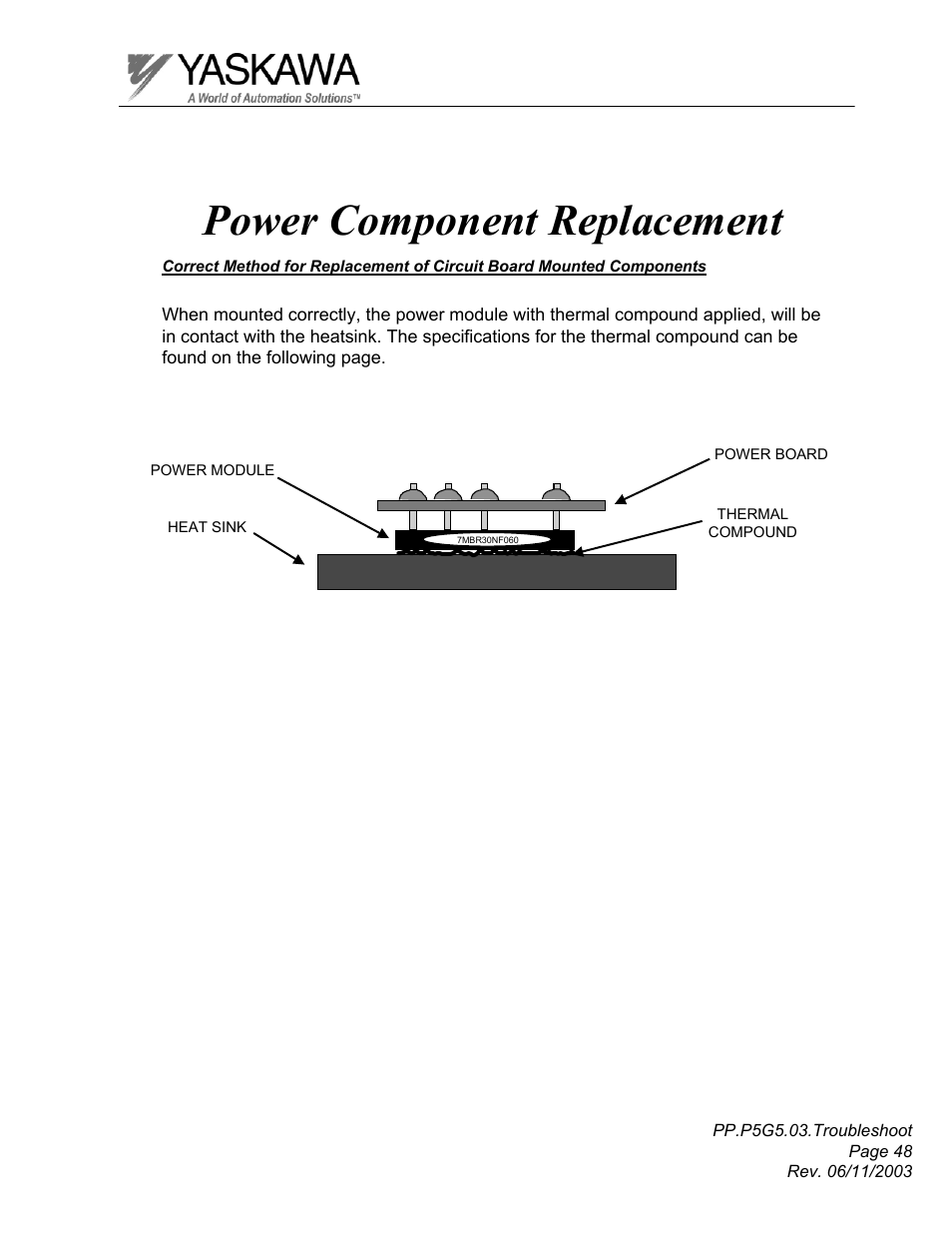 Power component replacement | Yaskawa GPD 506/P5 Section Three User Manual | Page 48 / 67