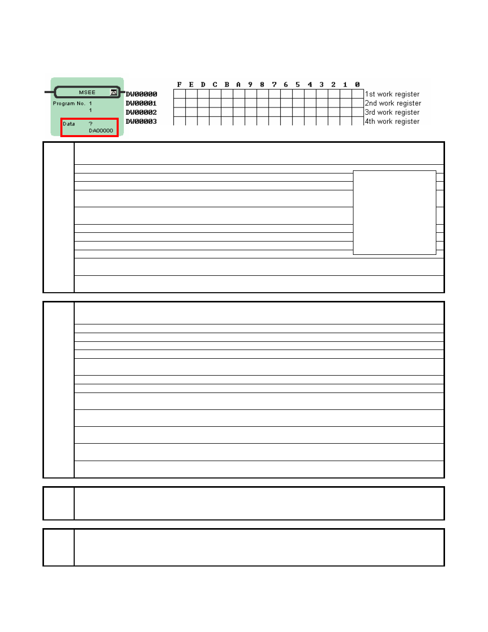 Motion program work registers for msee instruction, Input (motion program control signals), Output (motion program status) | Interpolation override (speed), System work register | Yaskawa MP2000 User Manual | Page 22 / 25