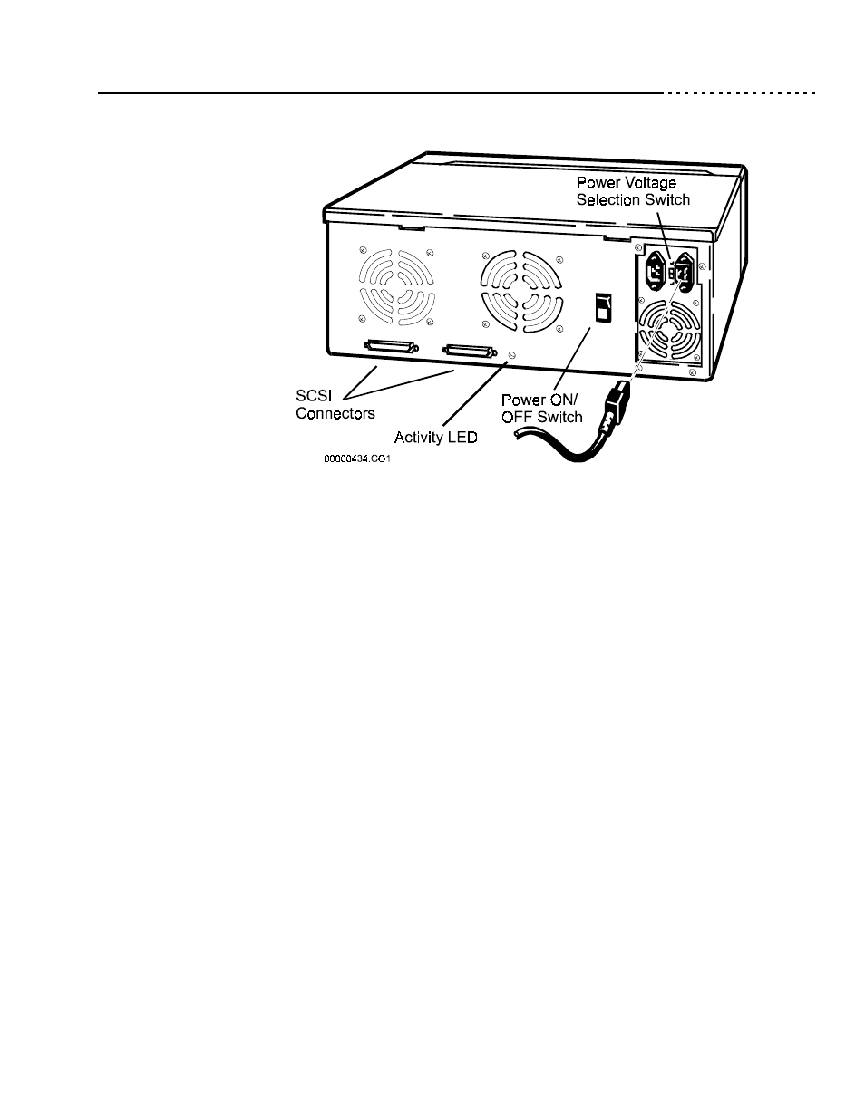 Rear panel switches and connectors, Figure 5 rear panel—6500 disk array, Scsi connectors | Activity led, Power on/ off switch, Power cord connectors, Power voltage selection switch, Power on/off switch, Set defaults | Ciprico 6500 User Manual | Page 23 / 92