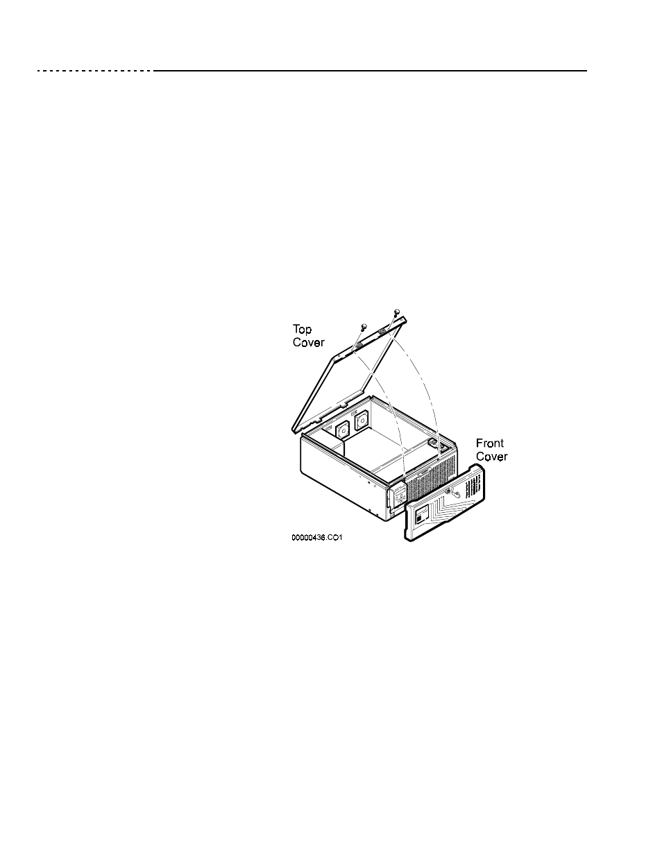Enclosure top cover removal, Power down the array, Remove ac power cord | Unlock and open front cover of enclosure (see t, Remove the screws in the enclosure’s front surf, Lift the front of the top cover, Slide the top cover toward the rear of the encl, Lift top cover from enclosure, Replacement, Figure 18 top cover removal | Ciprico 6500 User Manual | Page 68 / 92