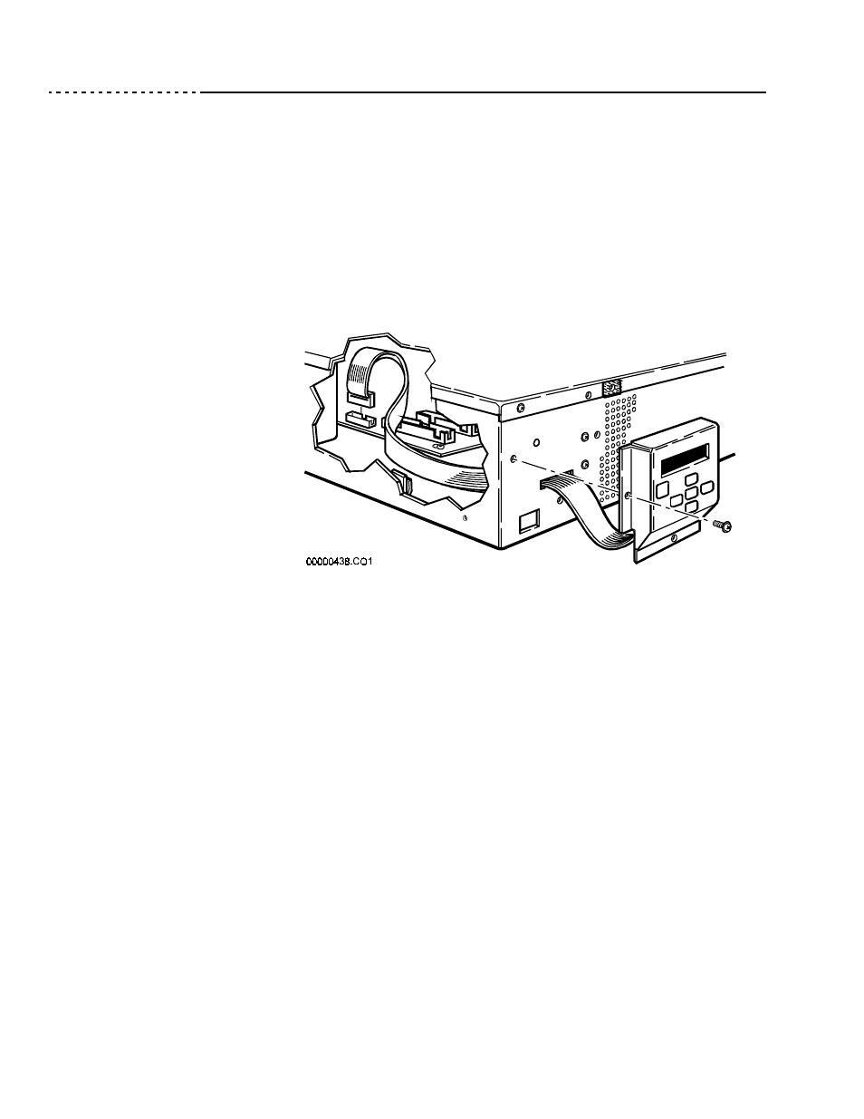 Display/ operation panel removal, Perform top cover removal procedure as describe, Disconnect the display/operation panel’s ribbon | Remove screws that hold the panel housing to th, While lifting the panel away from the array enc, Replacement, Figure 20 display/operation panel removal and repl, Display/operation panel removal | Ciprico 6500 User Manual | Page 70 / 92