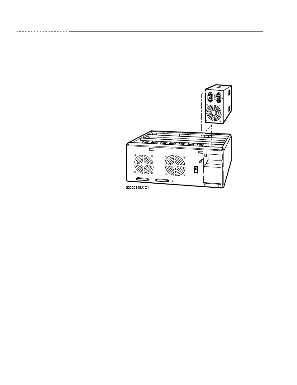 Remove four screws that attach the power supply, Unfasten the plastic retaining straps holding t, Lift the power supply out of the array enclosur | Figure 22 power supply removal—mechanical disconne, Replacement | Ciprico 6500 User Manual | Page 72 / 92