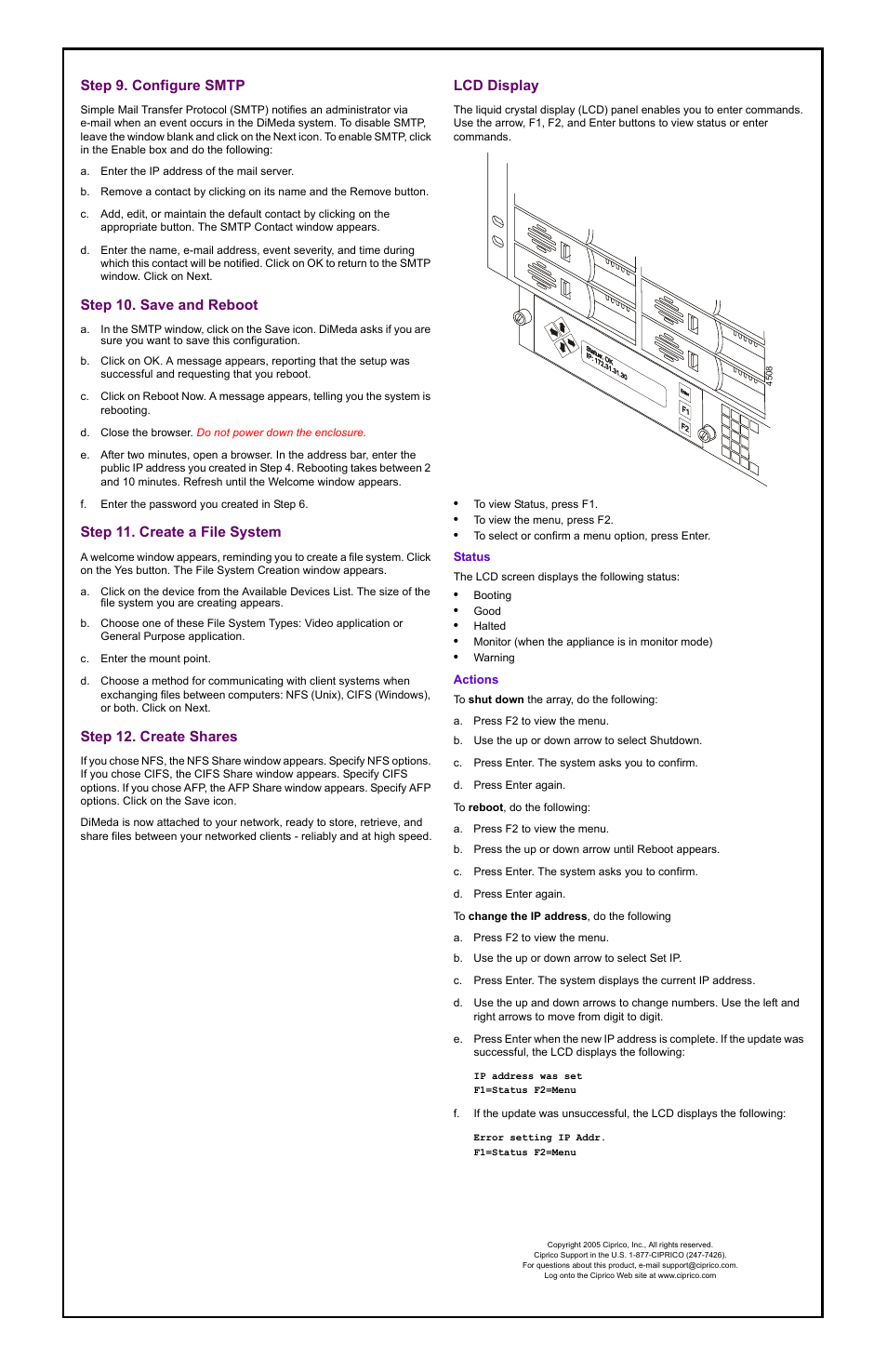 Step 9. configure smtp, Step 10. save and reboot, Step 11. create a file system | Step 12. create shares, Lcd display | Ciprico DIMEDA 10G User Manual | Page 2 / 2