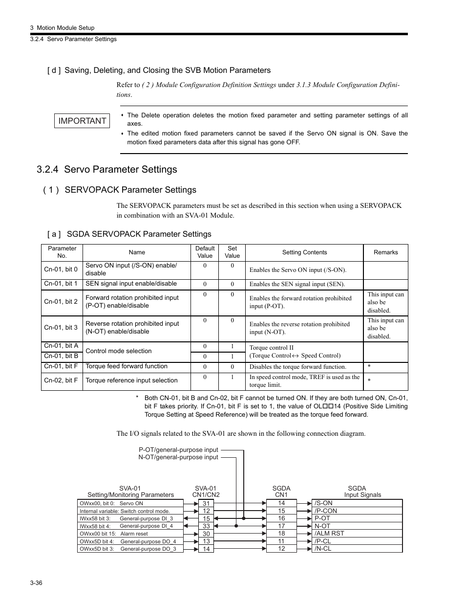 4 servo parameter settings, 4 servo parameter s, 4 servo parameter settings -36 | 1 ) servopack parameter settings, Important | Yaskawa MP2200 Machine Controller User Manual | Page 108 / 529