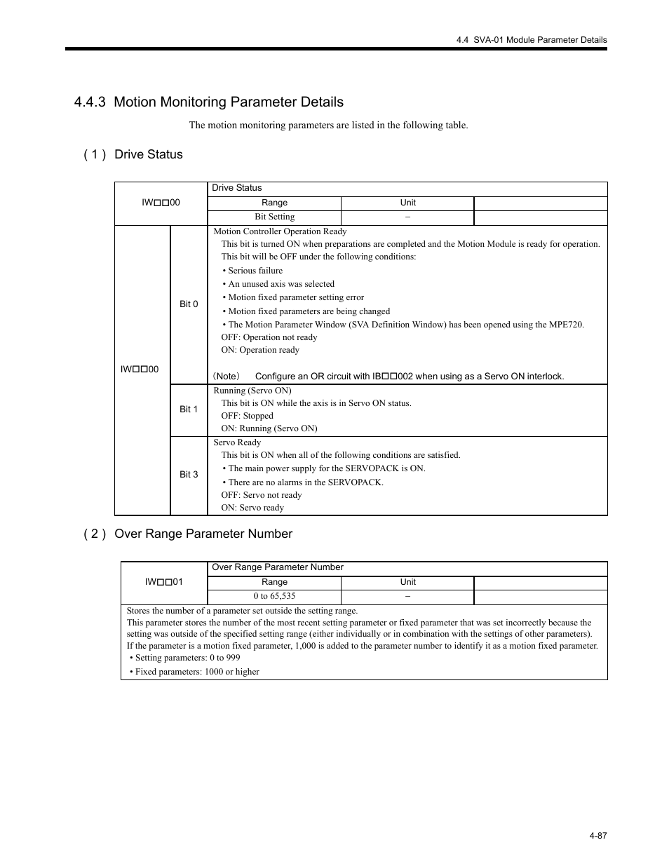 3 motion monitoring parameter details, 3 motion monitoring parameter det, 3 motion monitoring parameter details -87 | 1 ) drive status ( 2 ) over range parameter number | Yaskawa MP2200 Machine Controller User Manual | Page 207 / 529