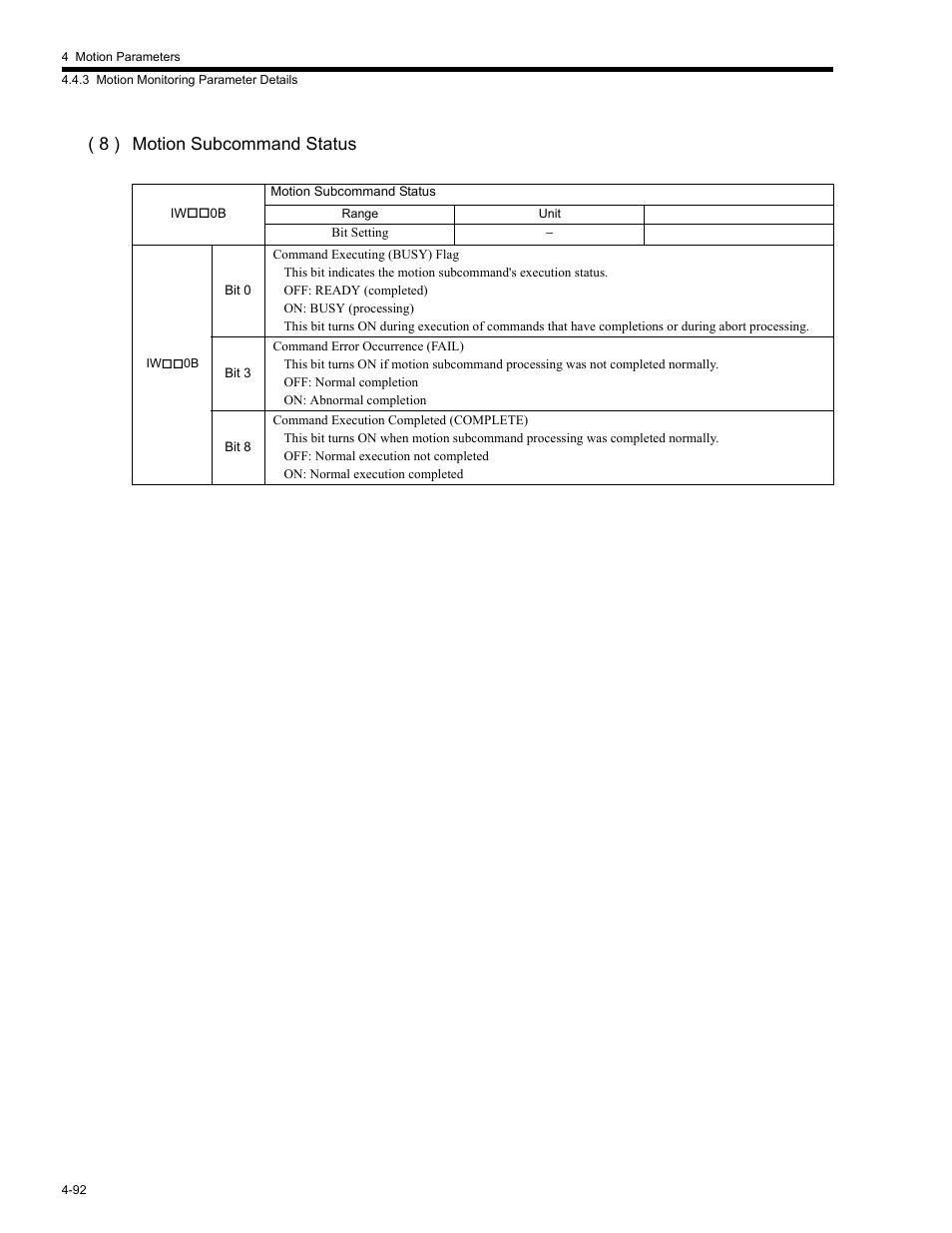 8 ) motion subcommand status | Yaskawa MP2200 Machine Controller User Manual | Page 212 / 529