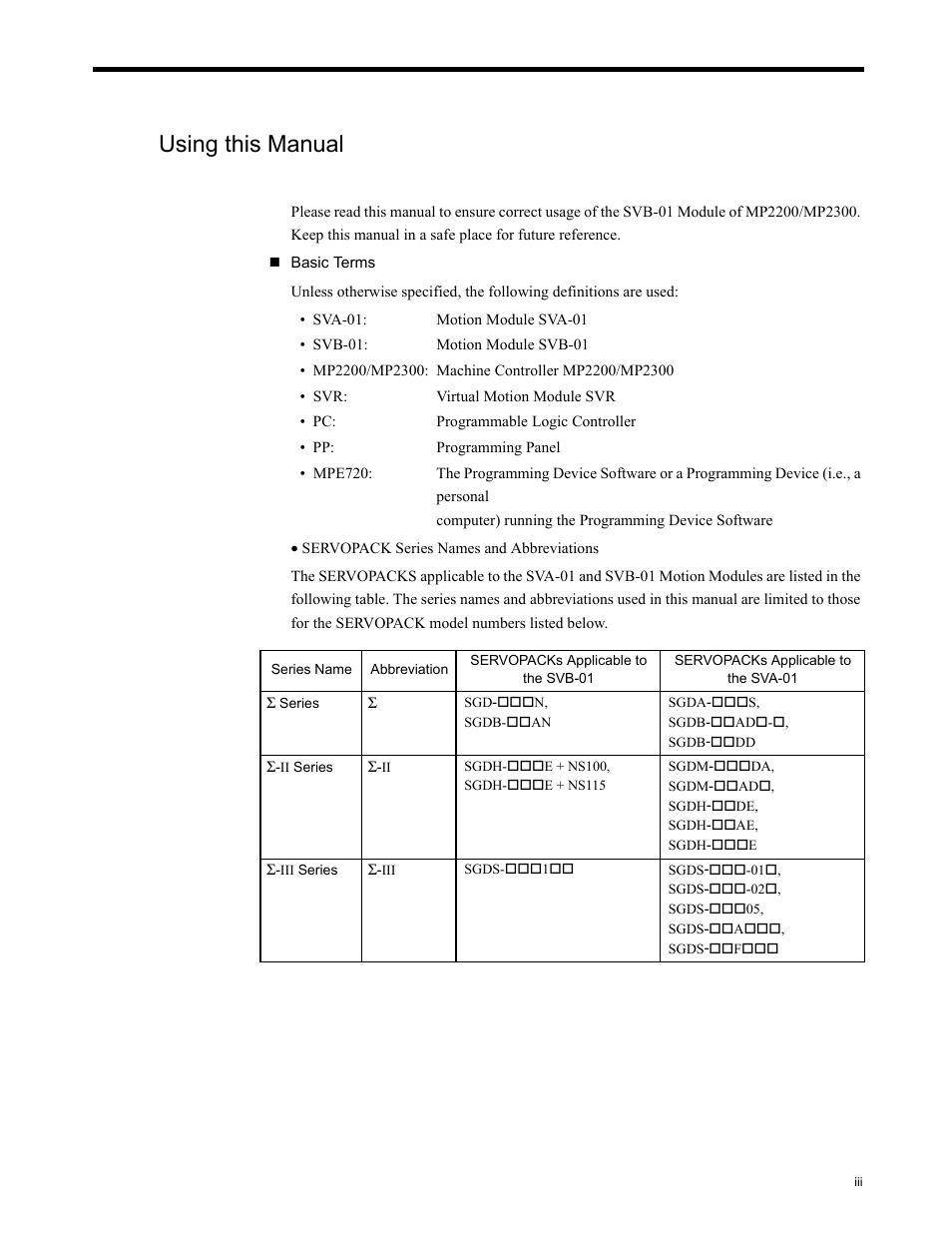 Using this manual | Yaskawa MP2200 Machine Controller User Manual | Page 3 / 529