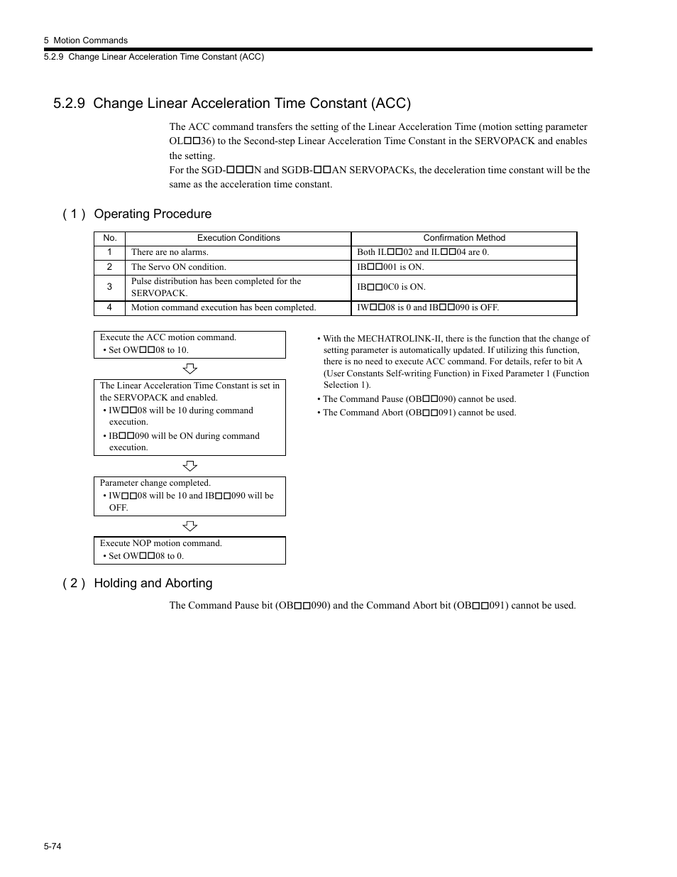 9 change linear acceleration time constant (acc), 9 chan, 1 ) operating procedure ( 2 ) holding and aborting | Yaskawa MP2200 Machine Controller User Manual | Page 304 / 529