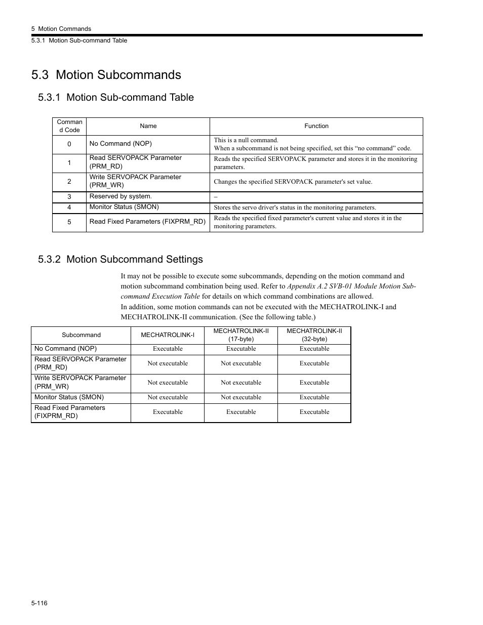 3 motion subcommands, 1 motion sub-command table, 2 motion subcommand settings | 1 motion sub-command, 2 motion subcommand, 3 motion subcommands -116 | Yaskawa MP2200 Machine Controller User Manual | Page 346 / 529