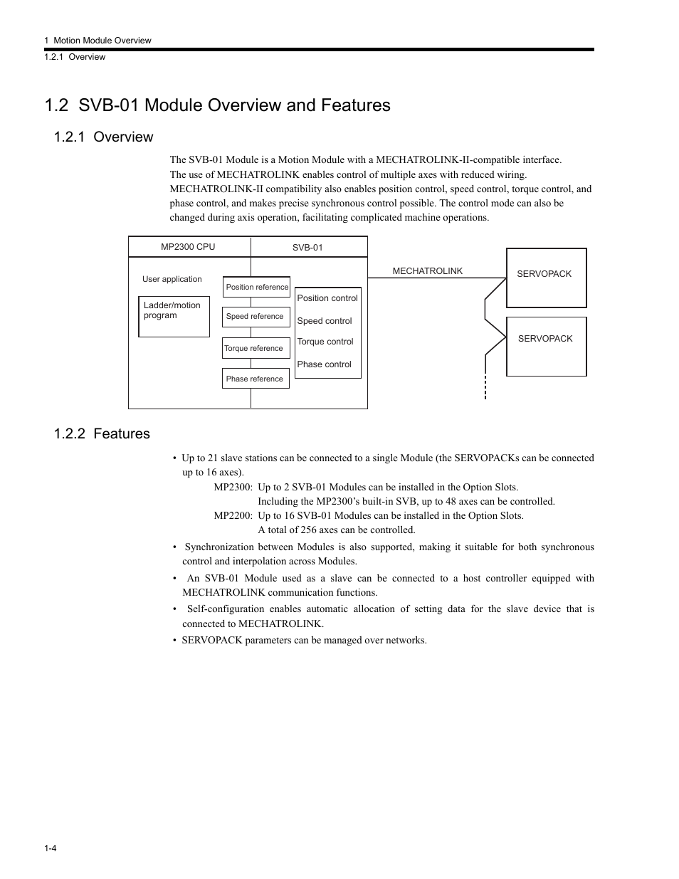 2 svb-01 module overview and features, 1 overview, 2 features | 2 svb-01 module overview and, 2 featur, 2 svb-01 module overview and features -4, 1 overview -4 1.2.2 features -4 | Yaskawa MP2200 Machine Controller User Manual | Page 38 / 529