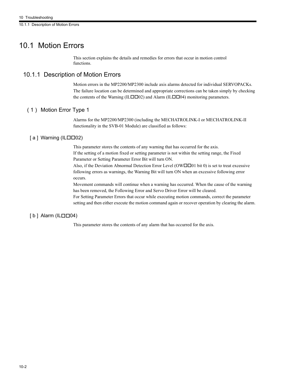 1 motion errors, 1 description of motion errors, 1 description of motion | 1 motion errors -2, 1 description of motion errors -2 | Yaskawa MP2200 Machine Controller User Manual | Page 488 / 529