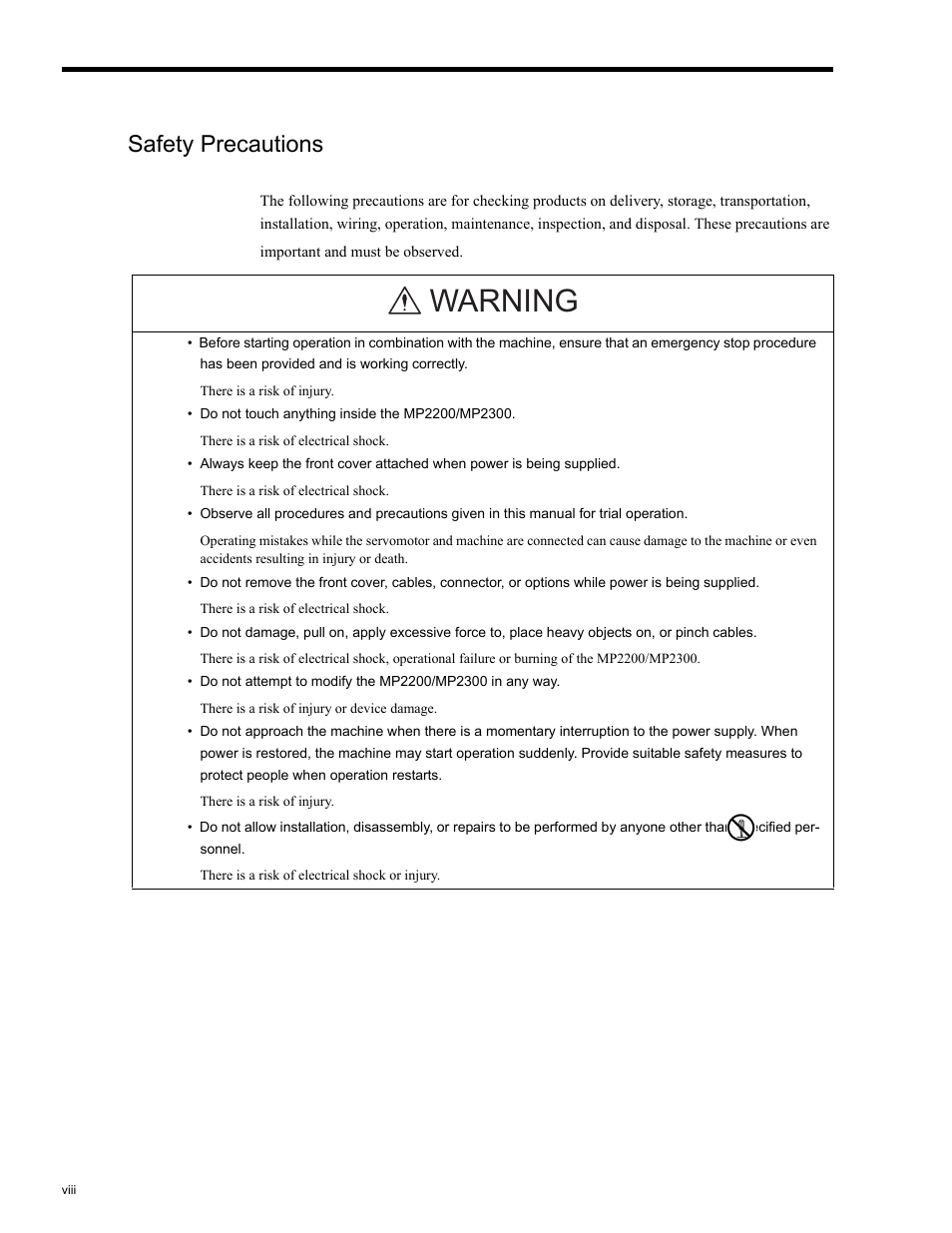 Safety precautions, Warning | Yaskawa MP2200 Machine Controller User Manual | Page 8 / 529