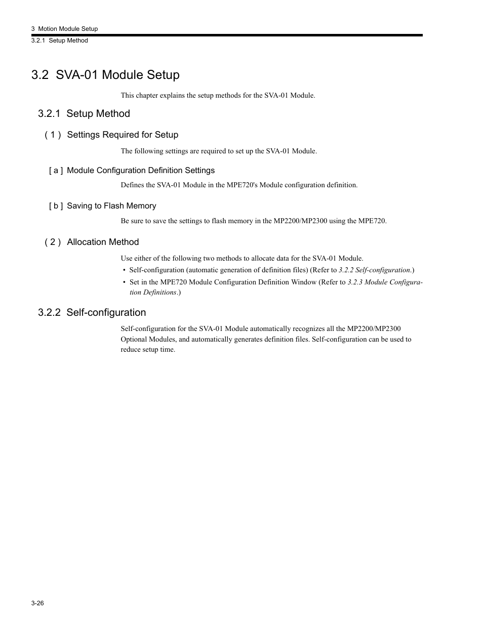 2 sva-01 module setup, 1 setup method, 2 self-configuration | 2 sv, 2 sva-01 module setup -26, 1 setup method -26 3.2.2 self-configuration -26 | Yaskawa MP2200 Machine Controller User Manual | Page 98 / 529