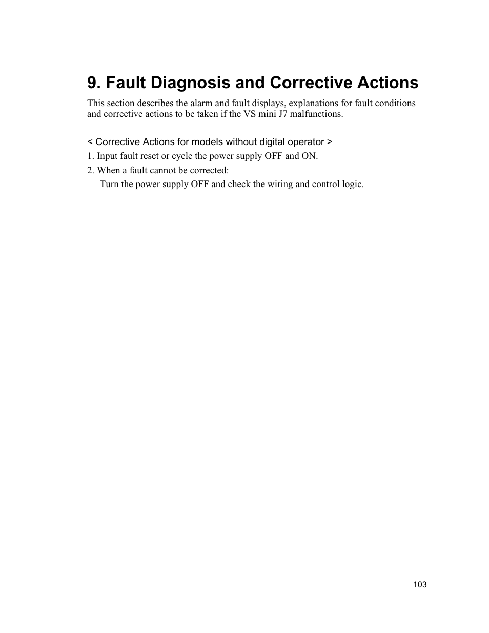 Fault diagnosis and corrective actions | Yaskawa VS mini J7 Series User Manual | Page 103 / 118