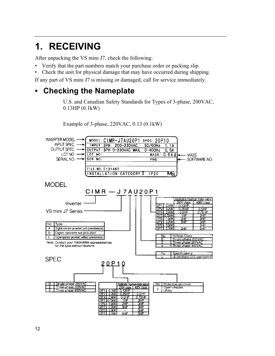 Receiving, Checking the nameplate | Yaskawa VS mini J7 Series User Manual | Page 12 / 118