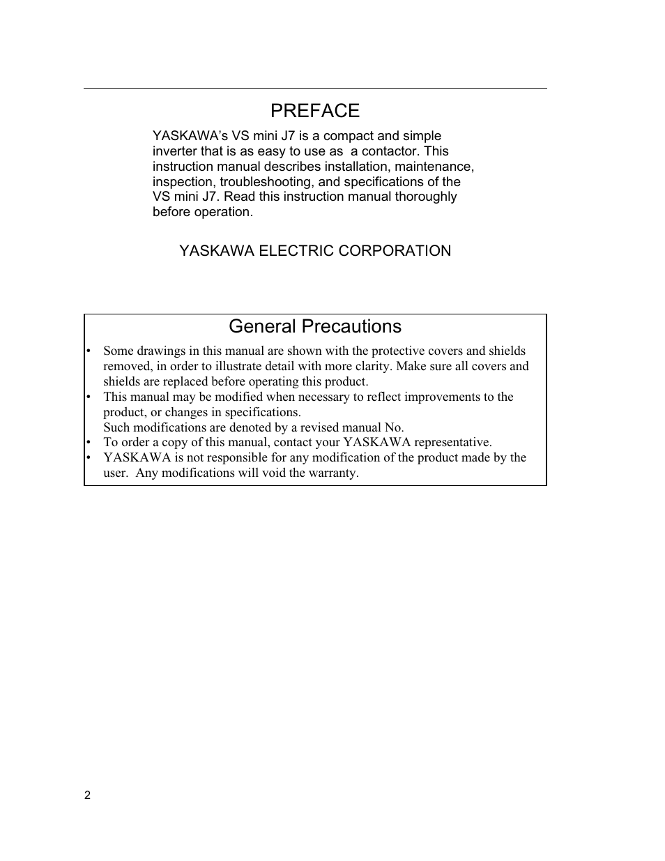 Preface, General precautions | Yaskawa VS mini J7 Series User Manual | Page 2 / 118