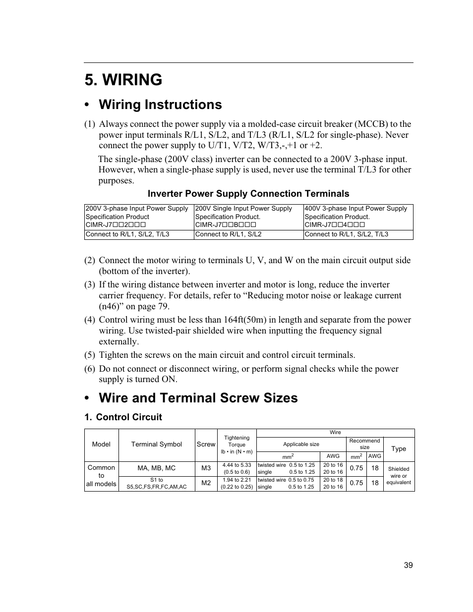 Wiring, Wiring instructions, Wire and terminal screw sizes | Control circuit | Yaskawa VS mini J7 Series User Manual | Page 39 / 118