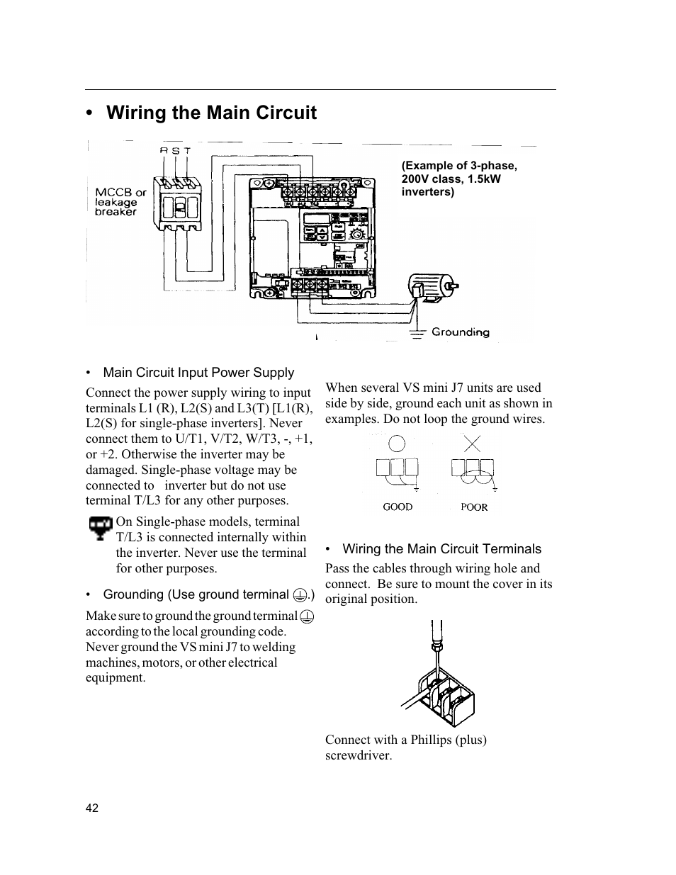 Wiring the main circuit | Yaskawa VS mini J7 Series User Manual | Page 42 / 118