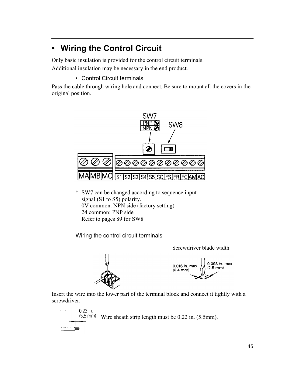 Wiring the control circuit | Yaskawa VS mini J7 Series User Manual | Page 45 / 118