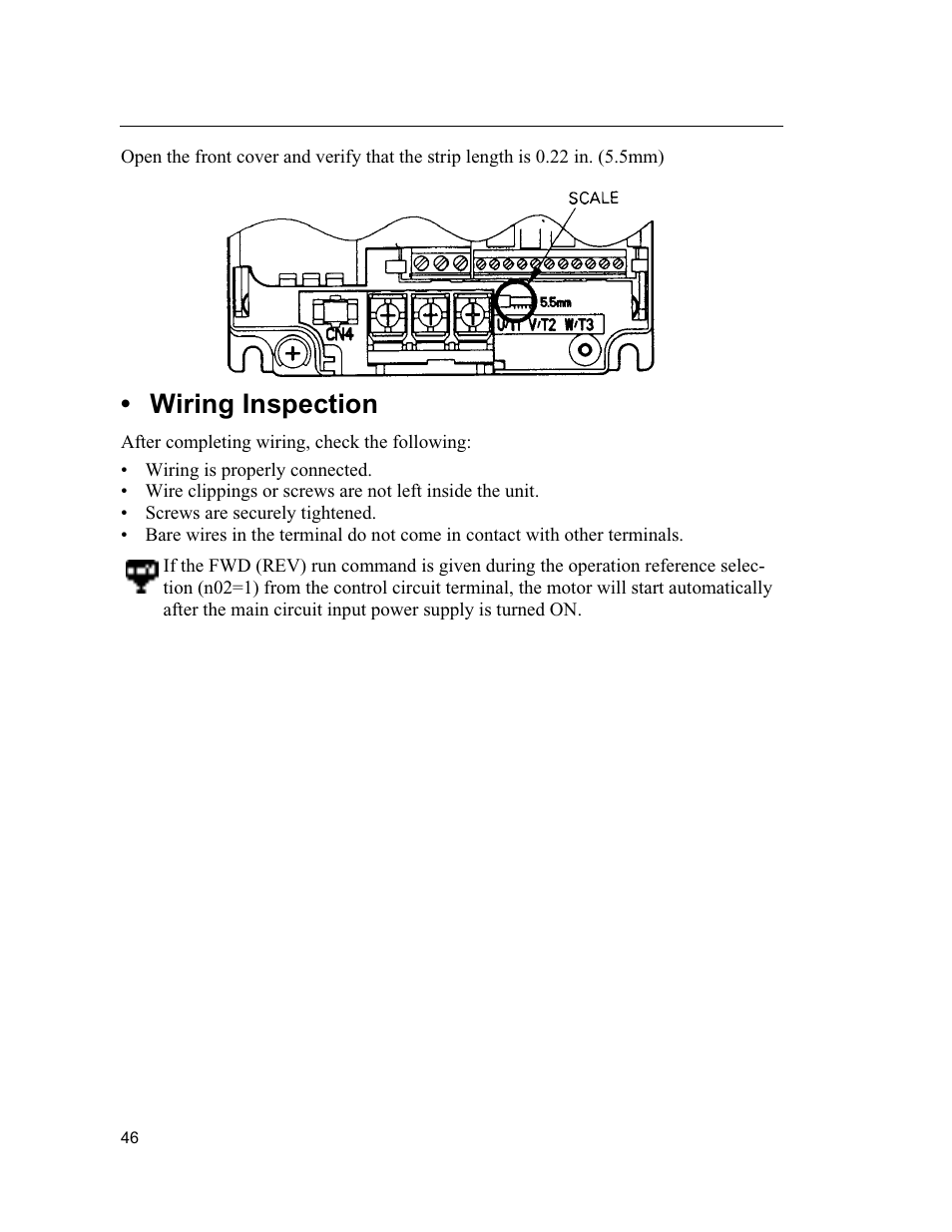 Wiring inspection | Yaskawa VS mini J7 Series User Manual | Page 46 / 118