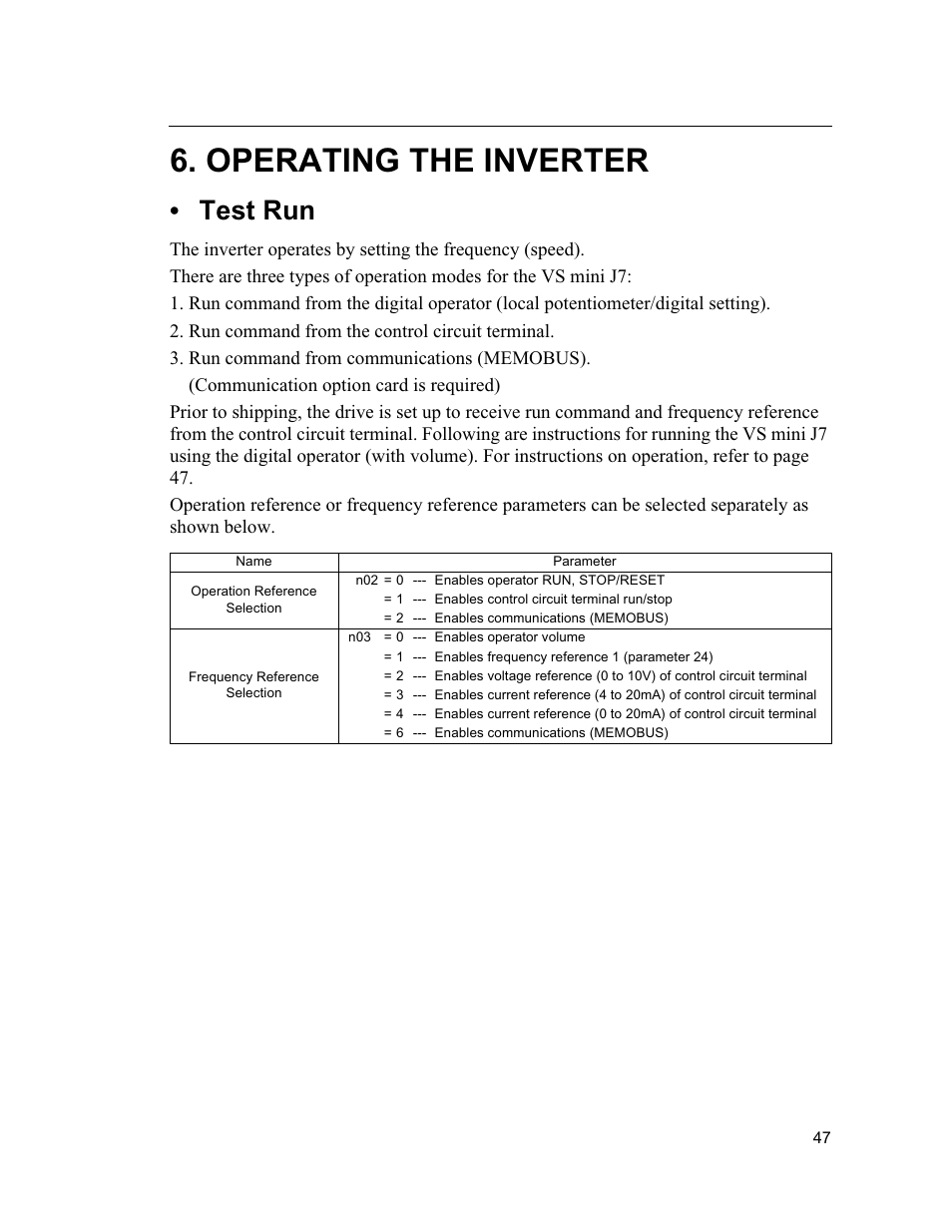 Operating the inverter, Test run | Yaskawa VS mini J7 Series User Manual | Page 47 / 118