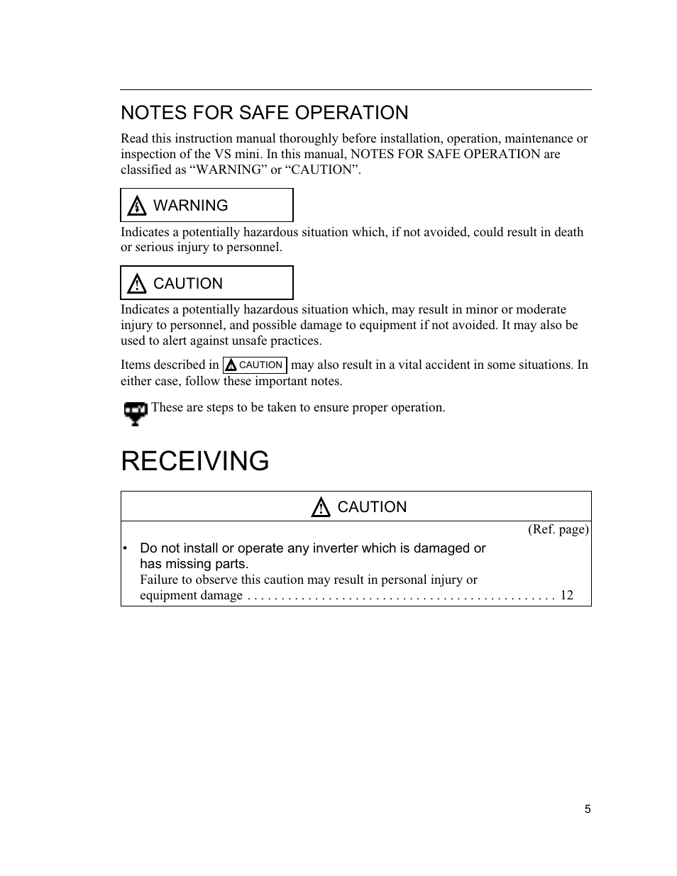Notes for safe operation, Receiving | Yaskawa VS mini J7 Series User Manual | Page 5 / 118