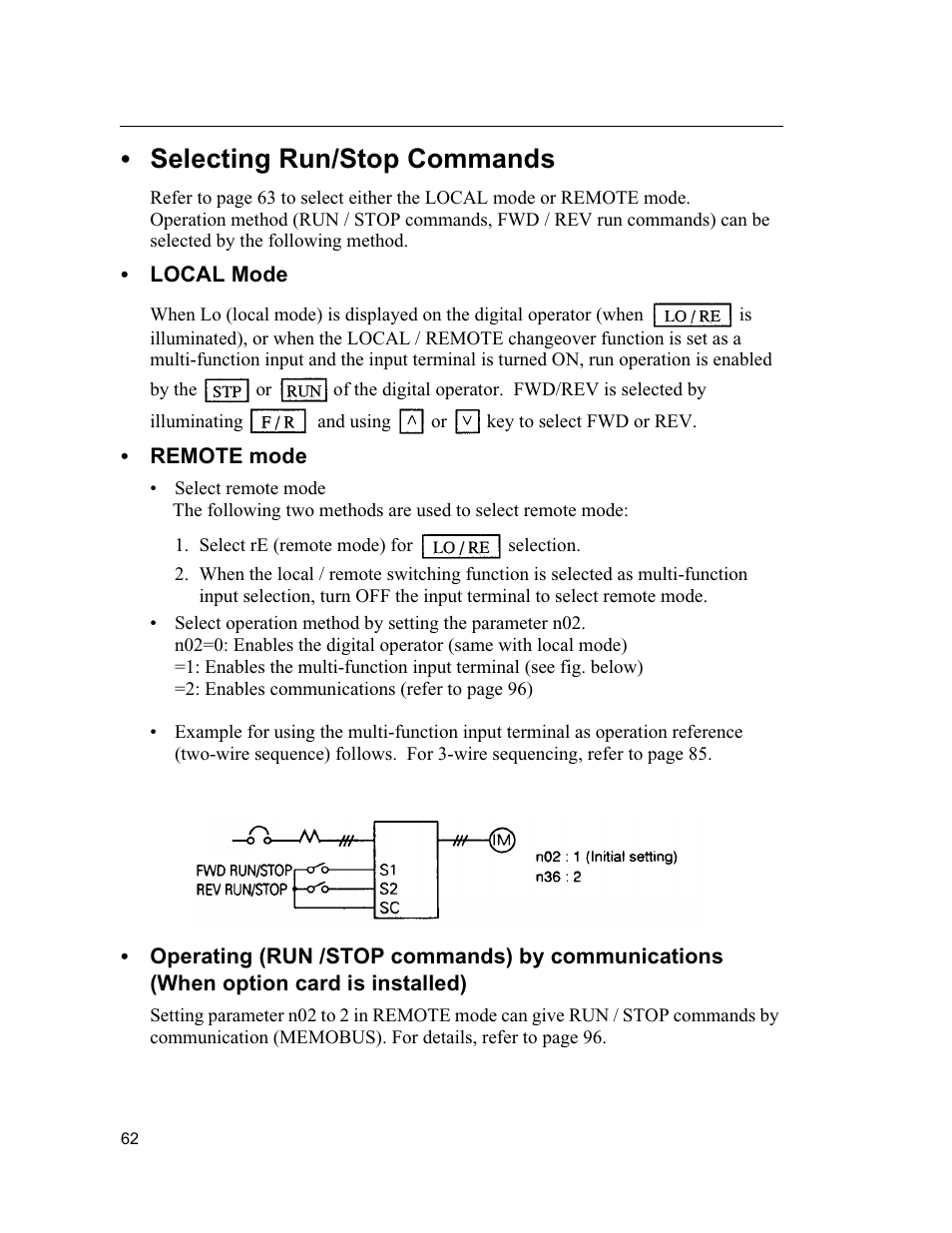 Selecting run/stop commands | Yaskawa VS mini J7 Series User Manual | Page 62 / 118