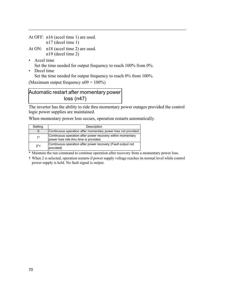 Automatic restart after momentary power loss (n47) | Yaskawa VS mini J7 Series User Manual | Page 70 / 118
