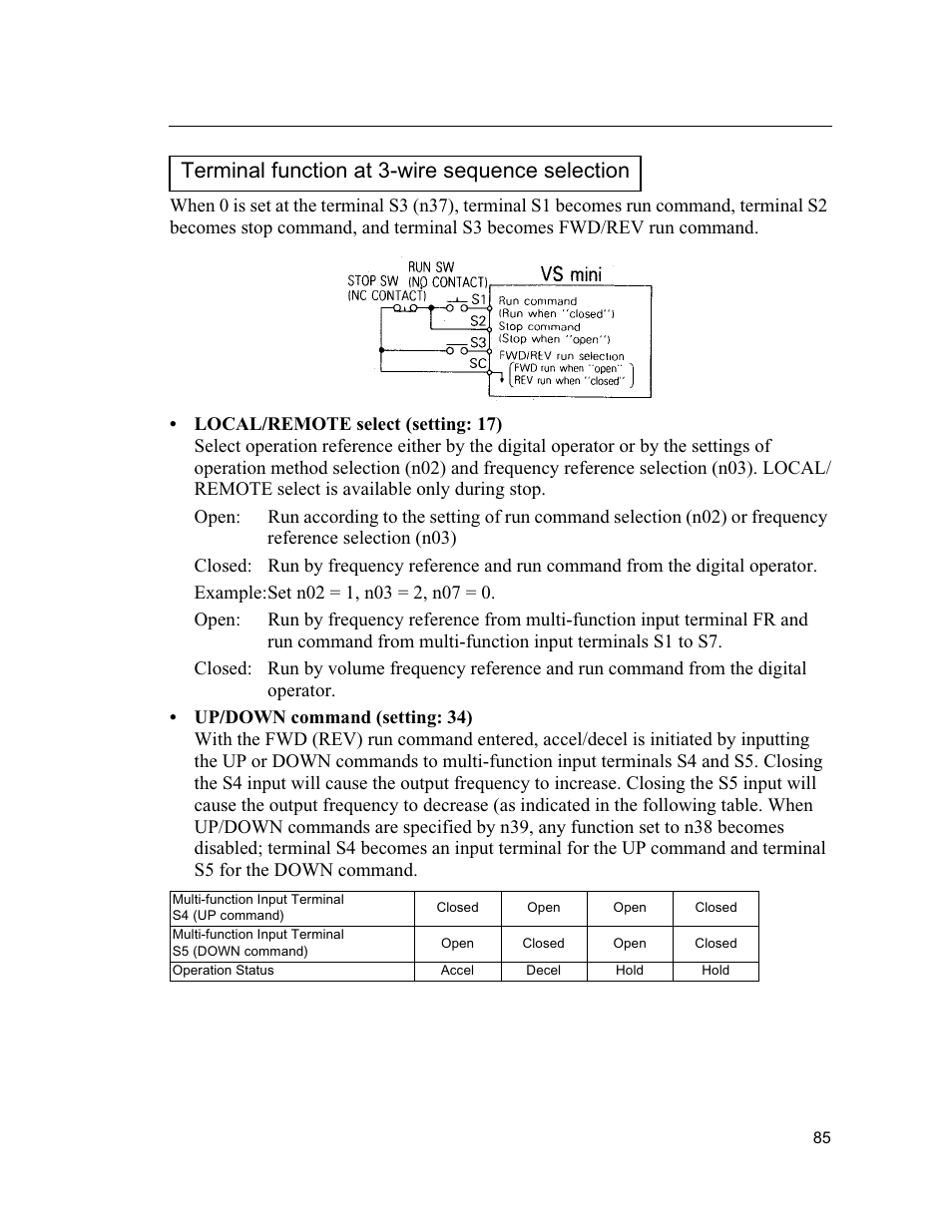 Terminal function at 3-wire sequence selection | Yaskawa VS mini J7 Series User Manual | Page 85 / 118