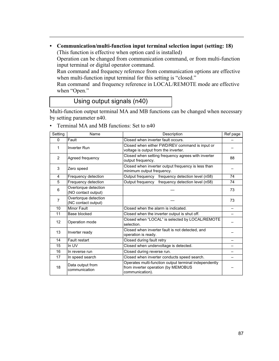 Using output signals (n40) | Yaskawa VS mini J7 Series User Manual | Page 87 / 118