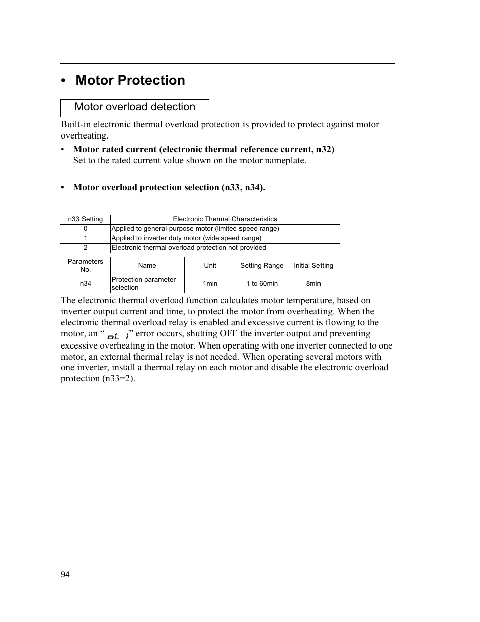 Motor protection, Motor overload detection | Yaskawa VS mini J7 Series User Manual | Page 94 / 118