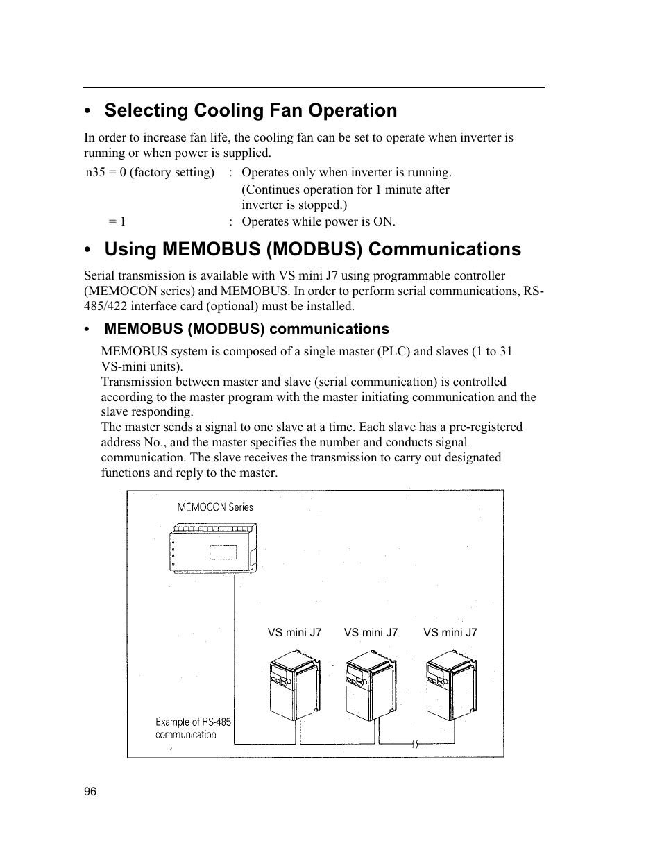 Selecting cooling fan operation, Using memobus (modbus) operation | Yaskawa VS mini J7 Series User Manual | Page 96 / 118