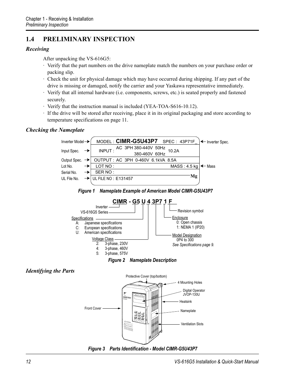 4 preliminary inspection | Yaskawa VS-616G5 Series Revision F Quick-Start User Manual | Page 12 / 117