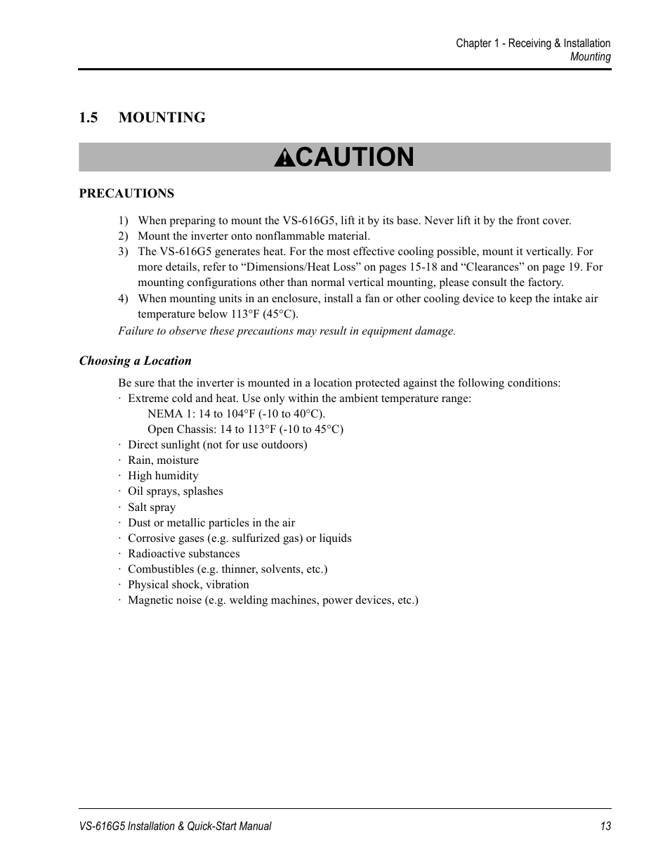 Caution | Yaskawa VS-616G5 Series Revision F Quick-Start User Manual | Page 13 / 117