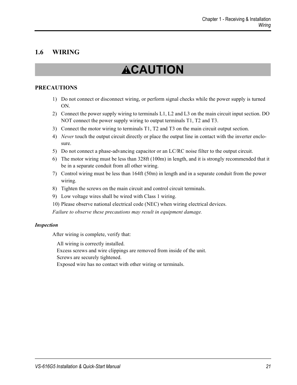 Caution | Yaskawa VS-616G5 Series Revision F Quick-Start User Manual | Page 21 / 117