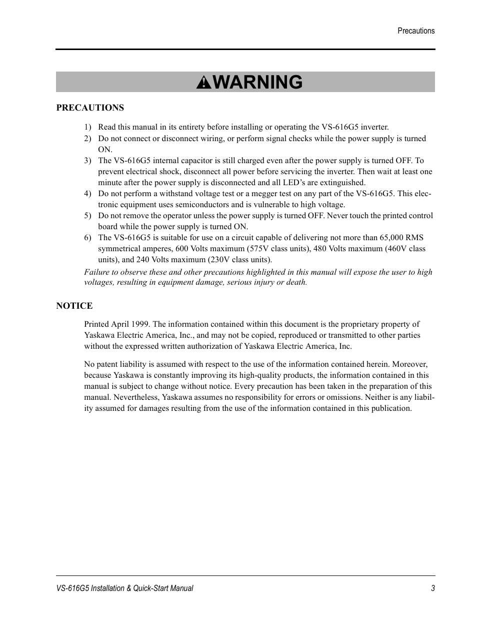 Warning | Yaskawa VS-616G5 Series Revision F Quick-Start User Manual | Page 3 / 117
