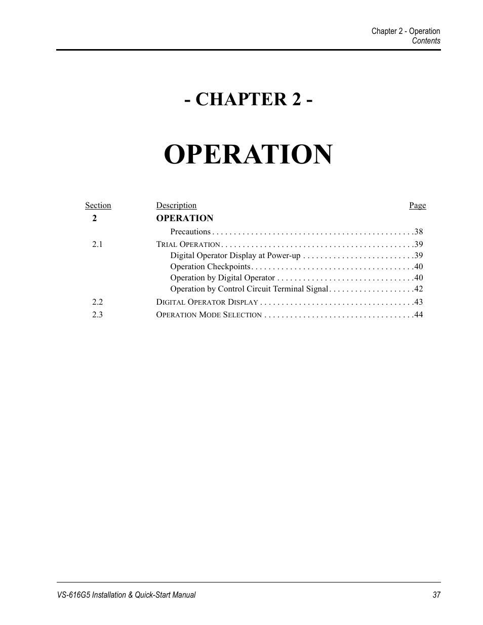 Operation, Chapter 2 | Yaskawa VS-616G5 Series Revision F Quick-Start User Manual | Page 40 / 117