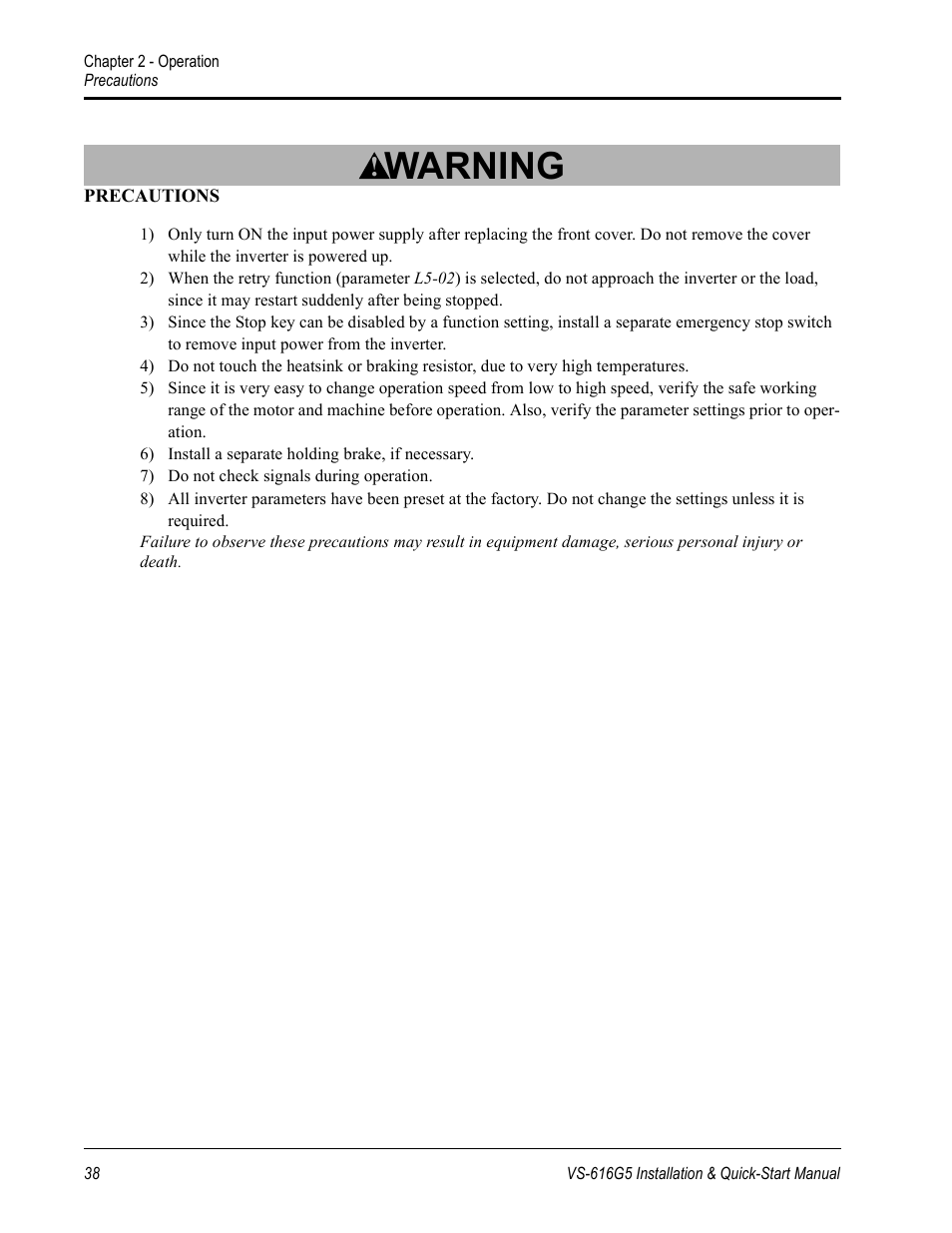 Warning | Yaskawa VS-616G5 Series Revision F Quick-Start User Manual | Page 41 / 117