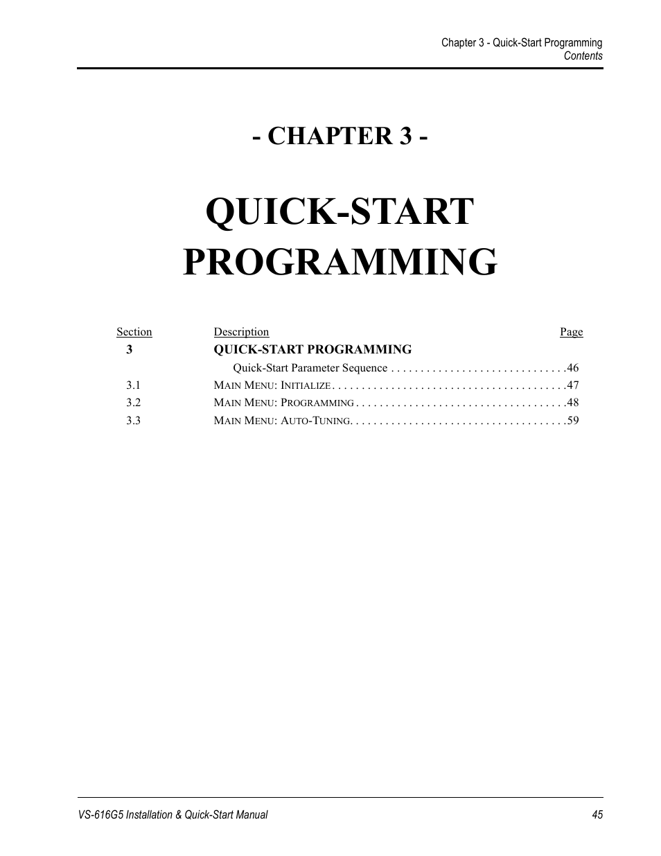 Quick-start programming, Chapter 3 | Yaskawa VS-616G5 Series Revision F Quick-Start User Manual | Page 48 / 117