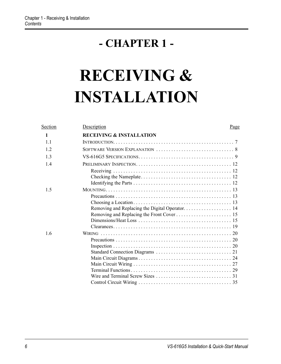 Receiving & installation, Chapter 1 | Yaskawa VS-616G5 Series Revision F Quick-Start User Manual | Page 6 / 117